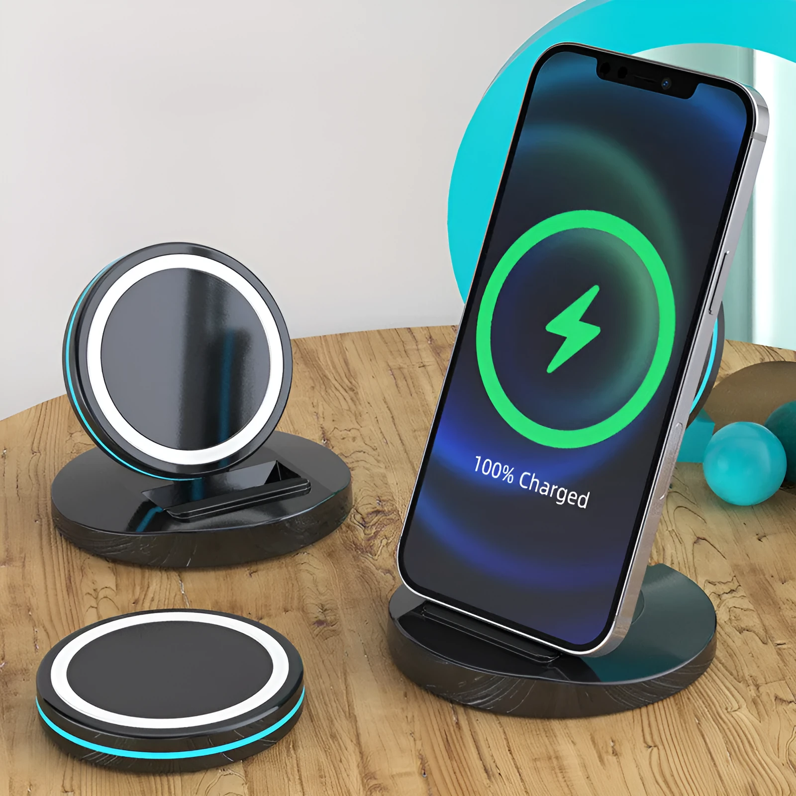 Black magnetic wireless charging stand folded for iPhone 12 with Magsafe compatibility