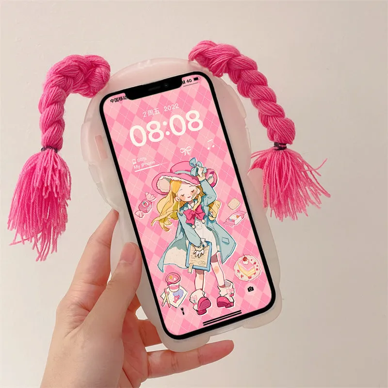 Pink and green summer braid swimsuit girl cartoon design silicone iPhone case