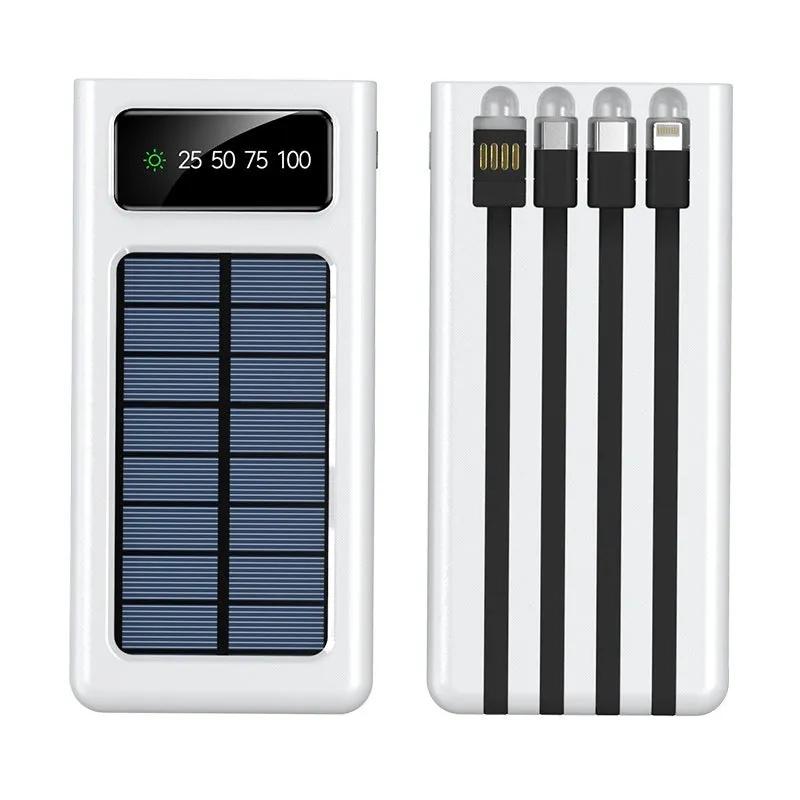 Solar power bank with four attached charging cables in black or white colour options