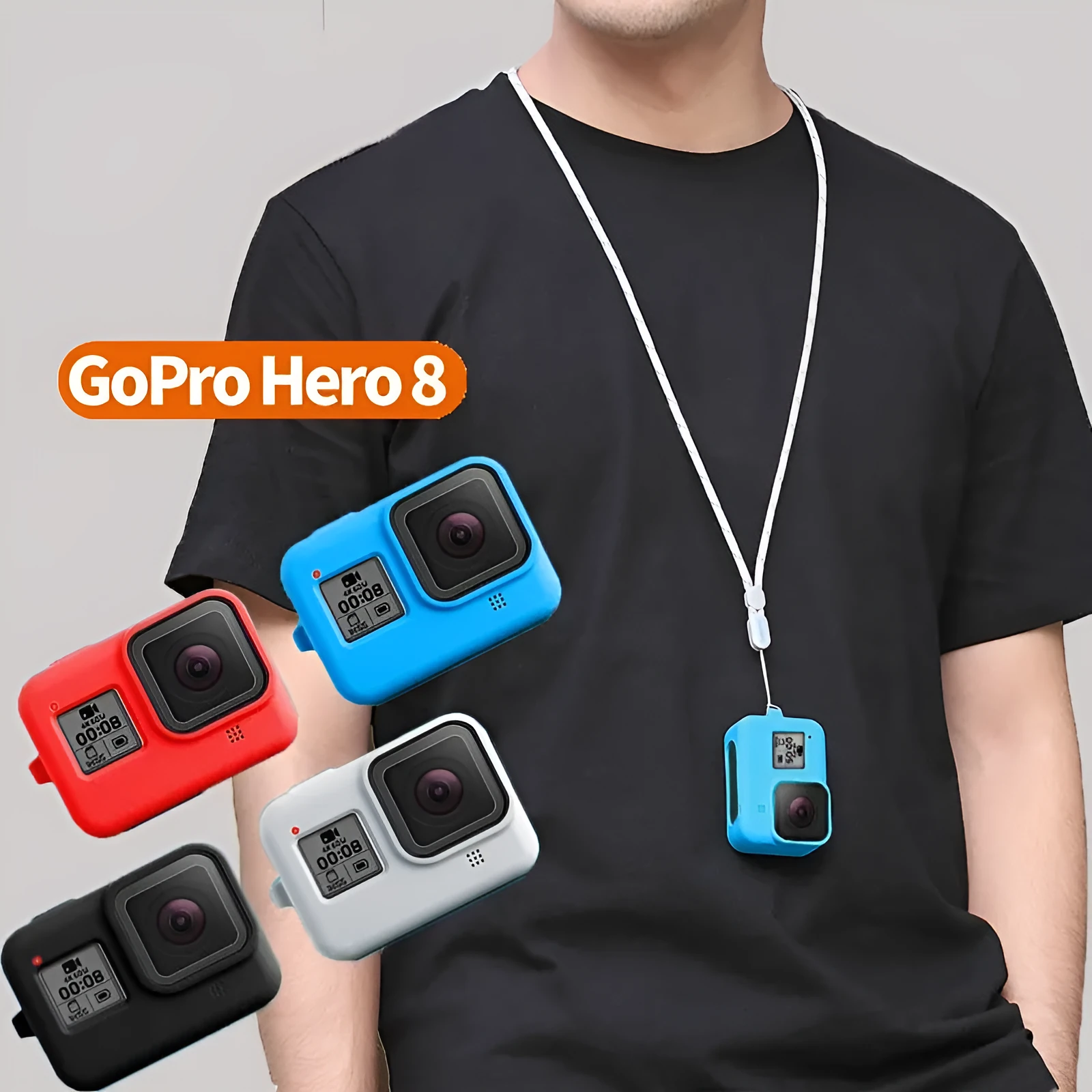 GoPro Hero8 Black silicone protective sleeve with neck lanyard and wrist strap accessory bundle
