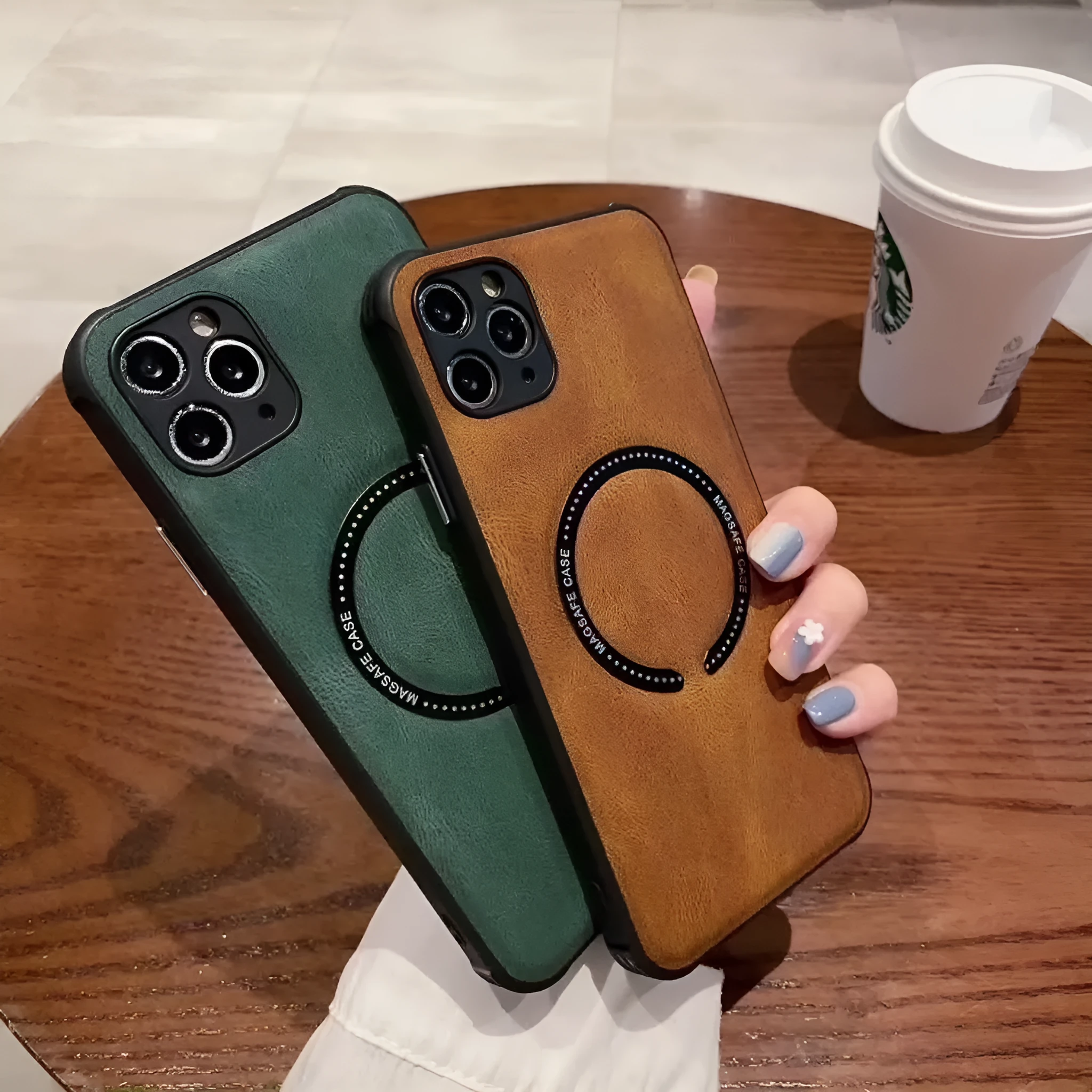 Black imitation leather magnetic charging case for iPhone on a magnetic charging puck