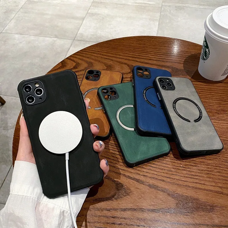 Black imitation leather magnetic charging case for iPhone on a magnetic charging puck
