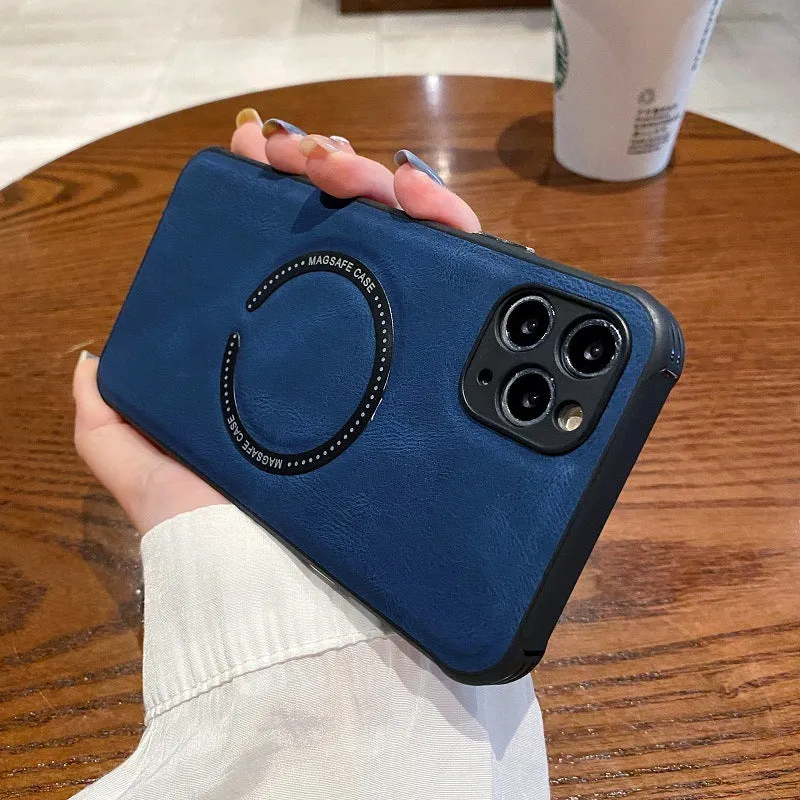 Black imitation leather magnetic charging case for iPhone on a magnetic charging puck