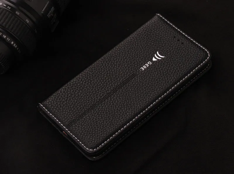 Black PU leather wallet case for iPhone with multiple card slots open.