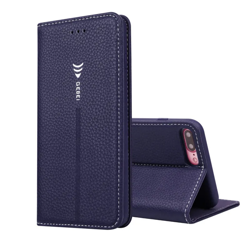 Black PU leather wallet case for iPhone with multiple card slots open.