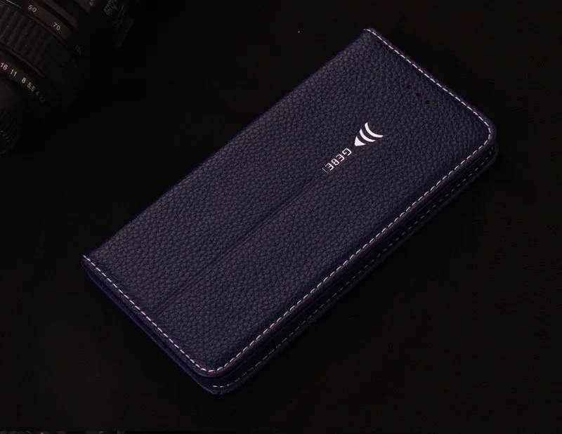Black PU leather wallet case for iPhone with multiple card slots open.