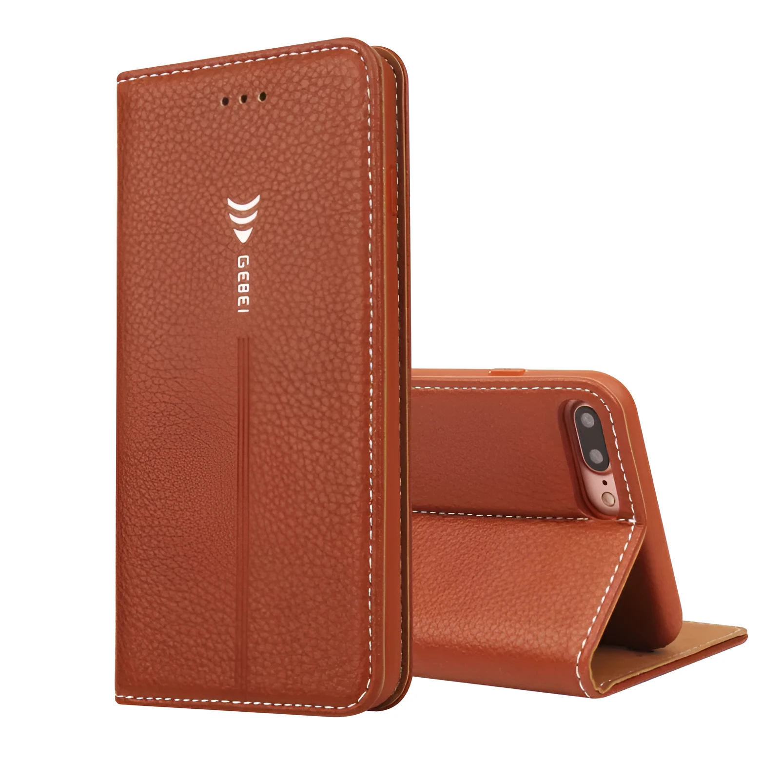 Black PU leather wallet case for iPhone with multiple card slots open.