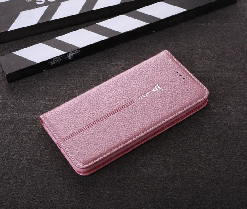 Black PU leather wallet case for iPhone with multiple card slots open.