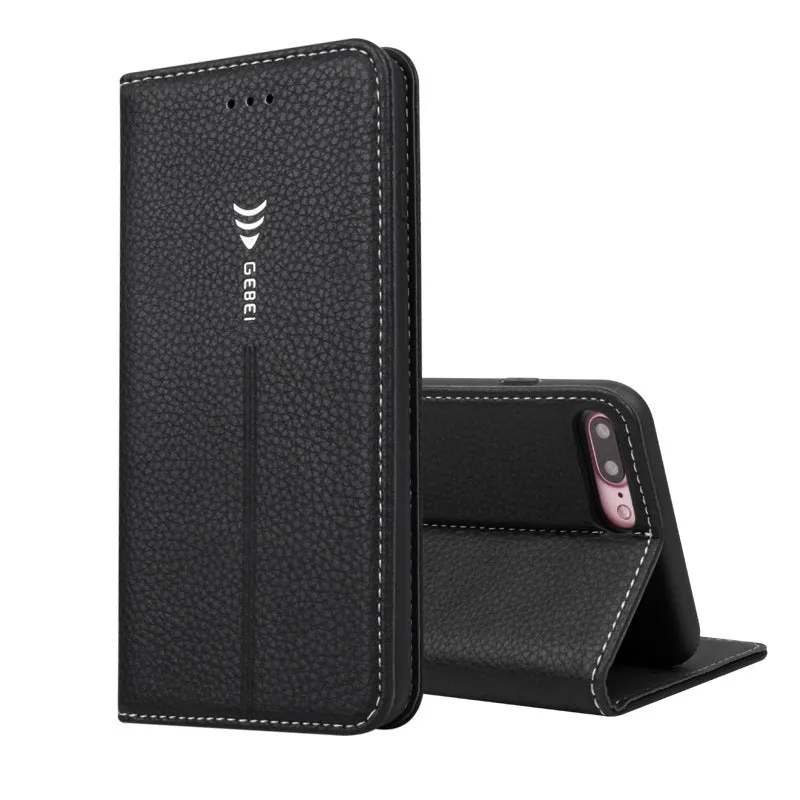 Black PU leather wallet case for iPhone with multiple card slots open.
