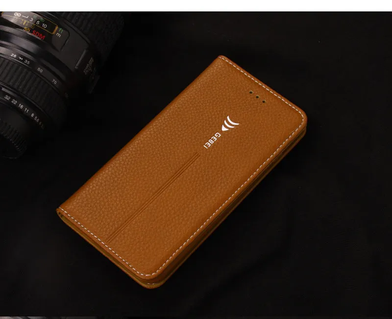 Black PU leather wallet case for iPhone with multiple card slots open.