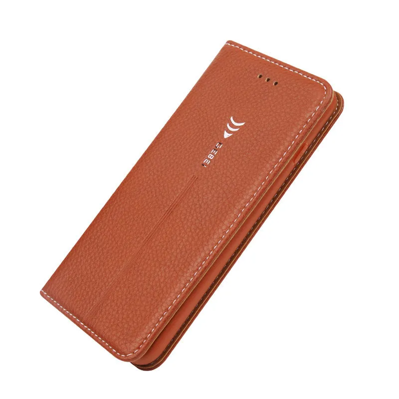 Black PU leather wallet case for iPhone with multiple card slots open.