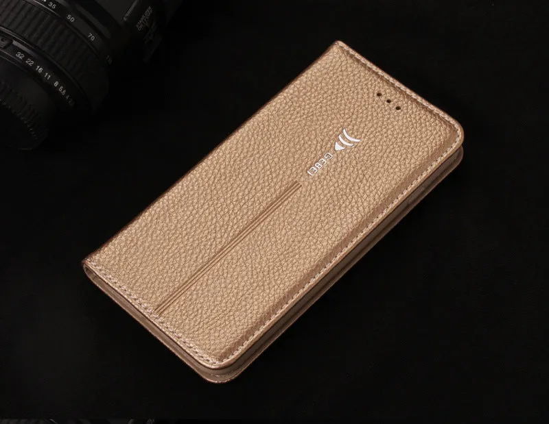Black PU leather wallet case for iPhone with multiple card slots open.