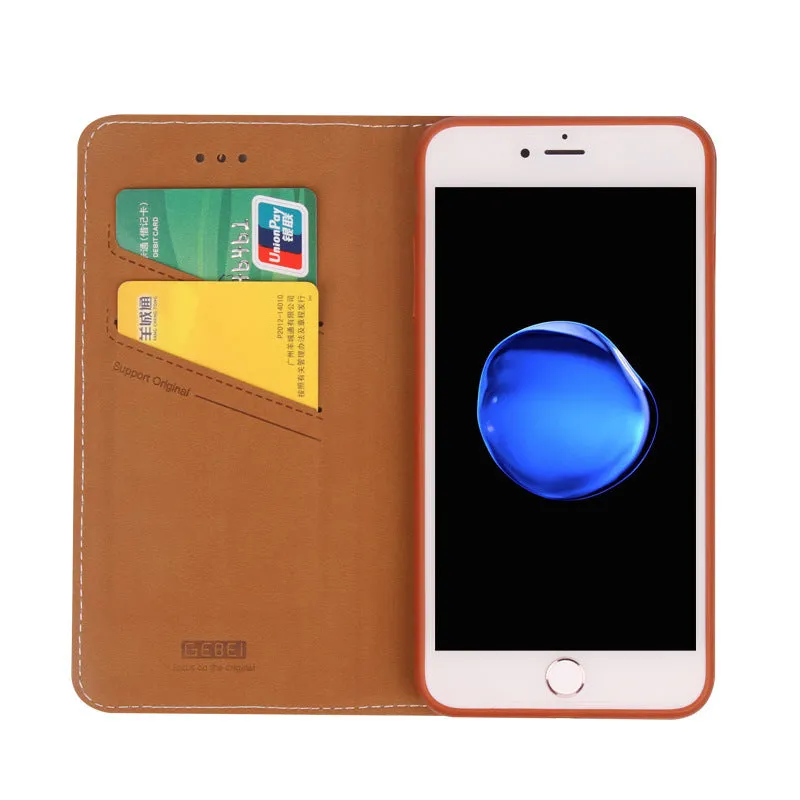 Black PU leather wallet case for iPhone with multiple card slots open.