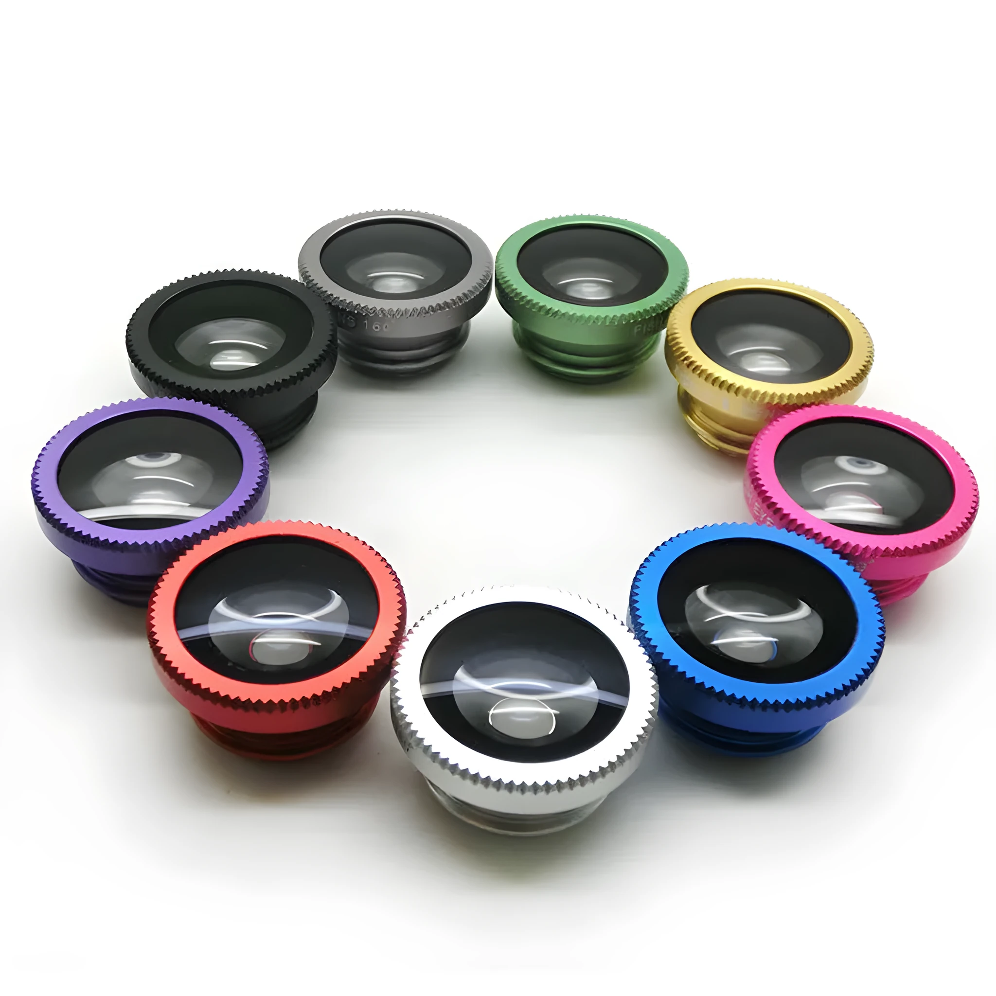 Three-in-one mobile phone lens kit with fisheye, wide-angle, and macro clip-on lenses and storage pouch.
