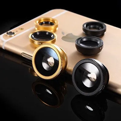 Three-in-one mobile phone lens kit with fisheye, wide-angle, and macro clip-on lenses and storage pouch.