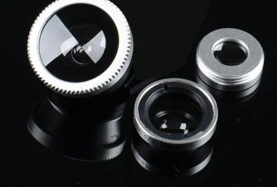 Three-in-one mobile phone lens kit with fisheye, wide-angle, and macro clip-on lenses and storage pouch.