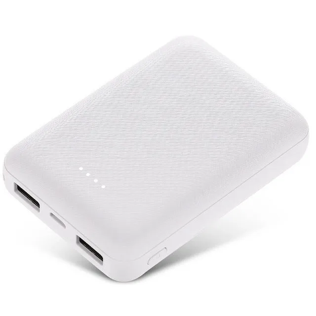 Ultra-thin 10,000mAh power bank measuring 90x63x22mm with multiple USB ports in black or white colour