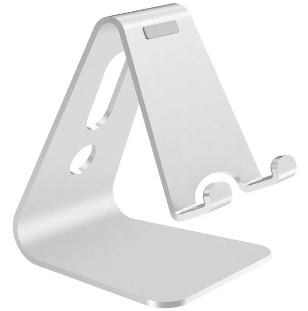 Aluminium alloy universal phone and tablet stand folded flat and unfolded at an angle.