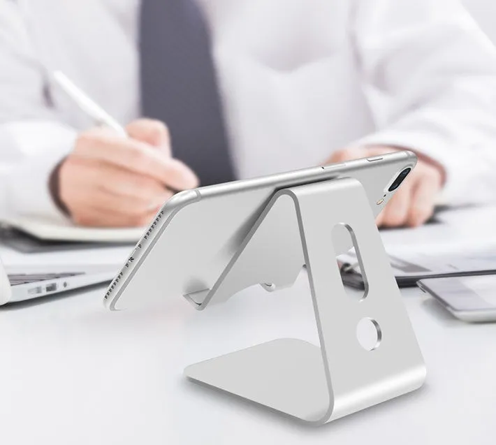 Aluminium alloy universal phone and tablet stand folded flat and unfolded at an angle.