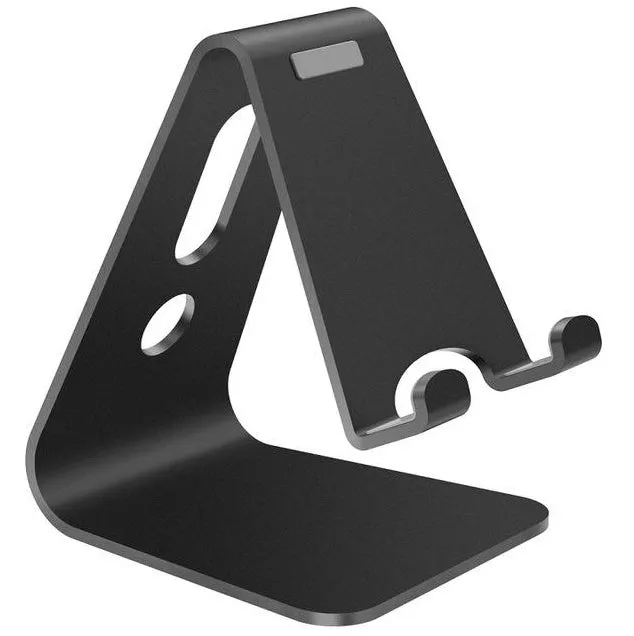 Aluminium alloy universal phone and tablet stand folded flat and unfolded at an angle.
