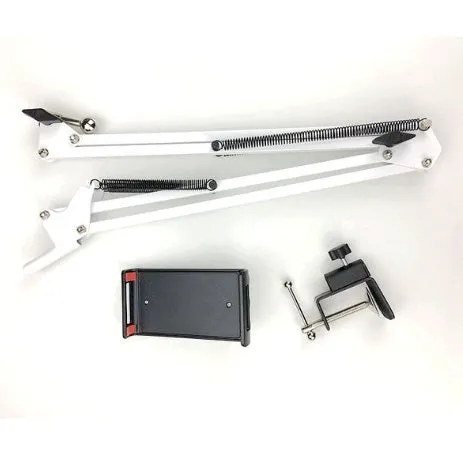 Black and white phone tablet stand on desk holding mobile device