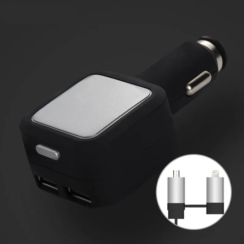 Black and gold dual USB car charger with retractable cable shown plugged into vehicle power socket