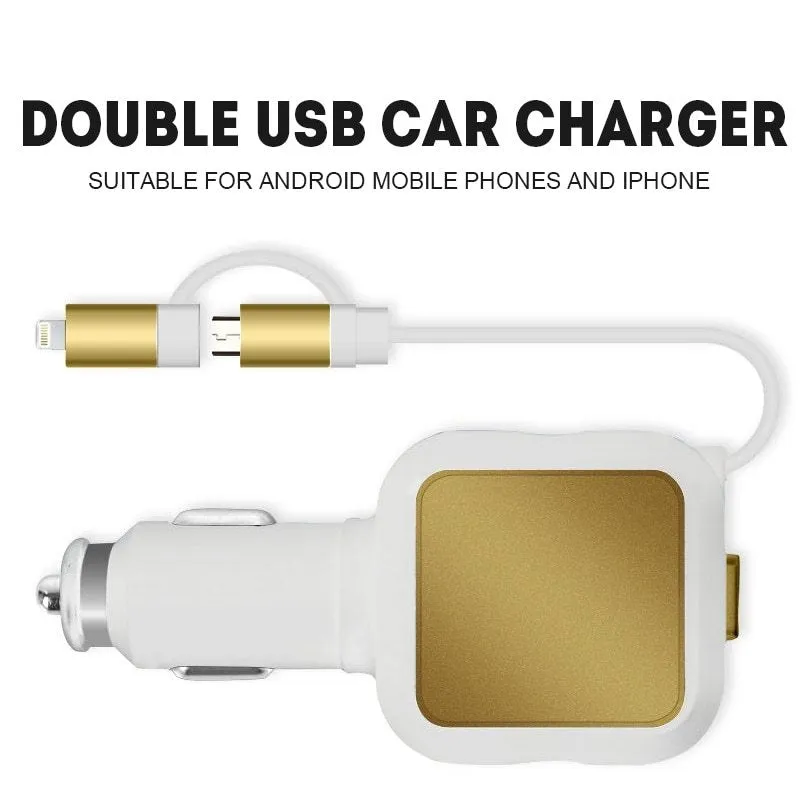 Black and gold dual USB car charger with retractable cable shown plugged into vehicle power socket