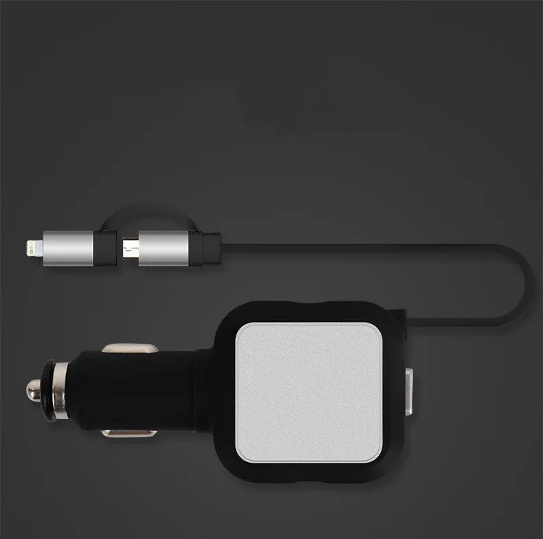 Black and gold dual USB car charger with retractable cable shown plugged into vehicle power socket