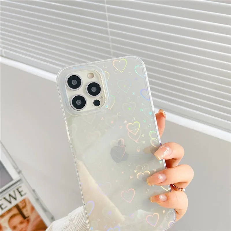 Transparent silicone iPhone case with laser colourful love heart design on the back.