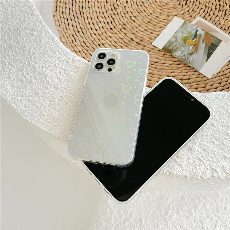 Transparent silicone iPhone case with laser colourful love heart design on the back.