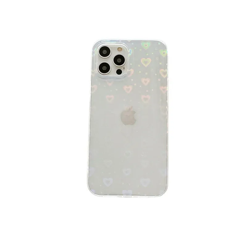 Transparent silicone iPhone case with laser colourful love heart design on the back.
