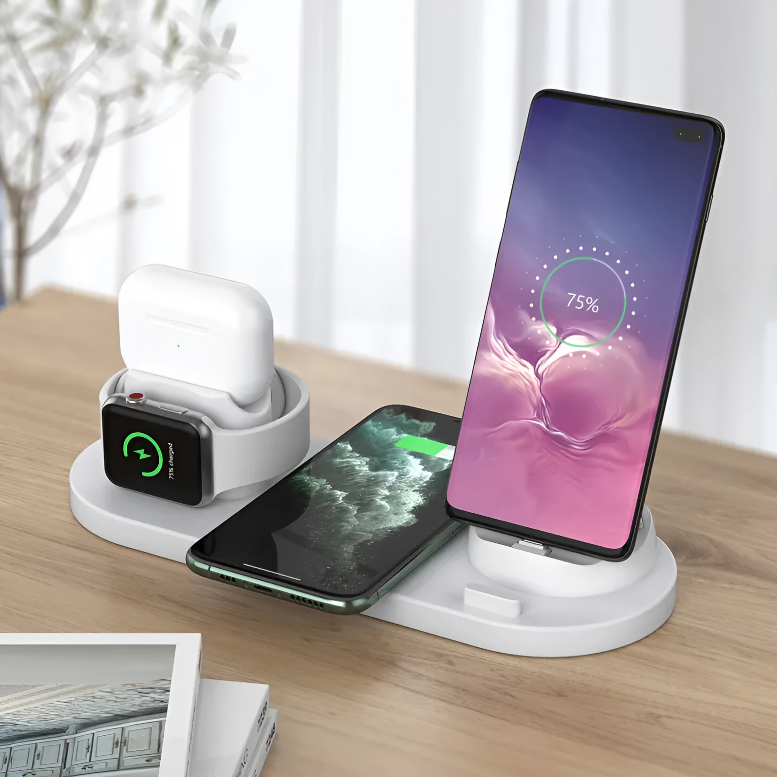 Black and white wireless charging station showing phone, AirPods and iWatch charging simultaneously