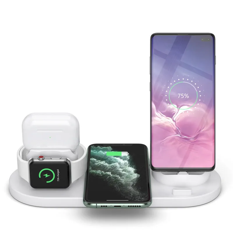 Black and white wireless charging station showing phone, AirPods and iWatch charging simultaneously