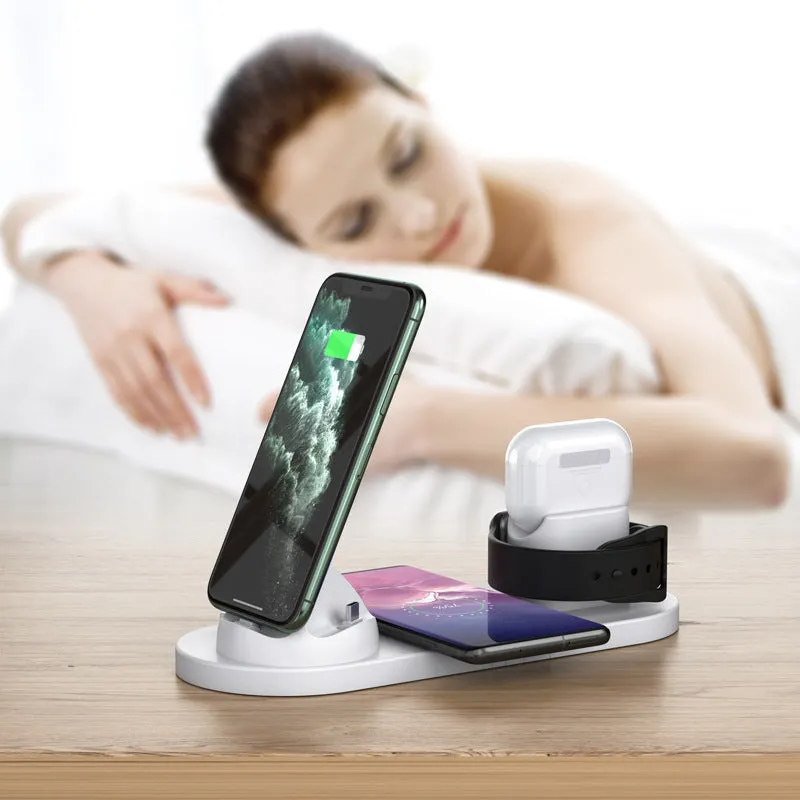 Black and white wireless charging station showing phone, AirPods and iWatch charging simultaneously