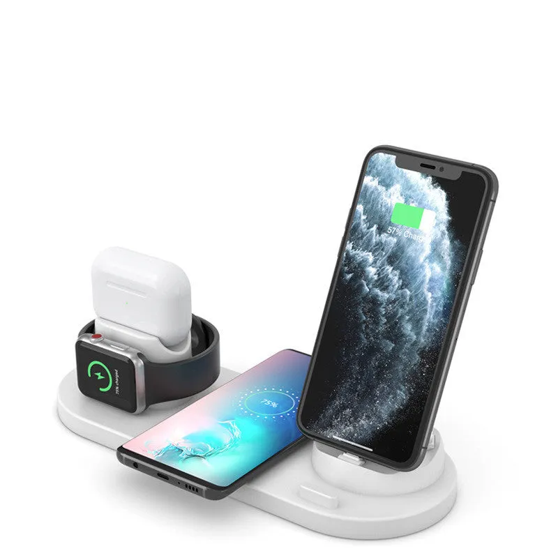 Black and white wireless charging station showing phone, AirPods and iWatch charging simultaneously