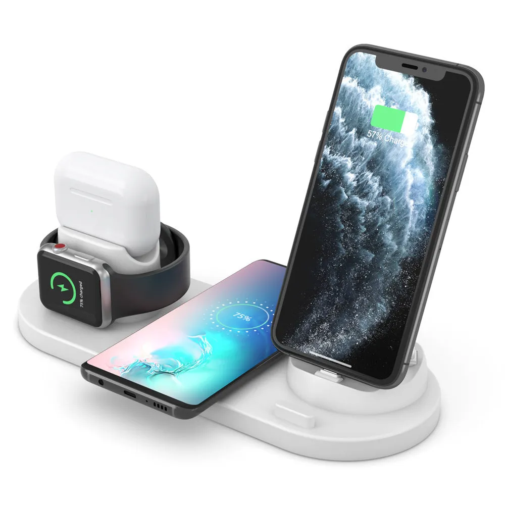 Black and white wireless charging station showing phone, AirPods and iWatch charging simultaneously