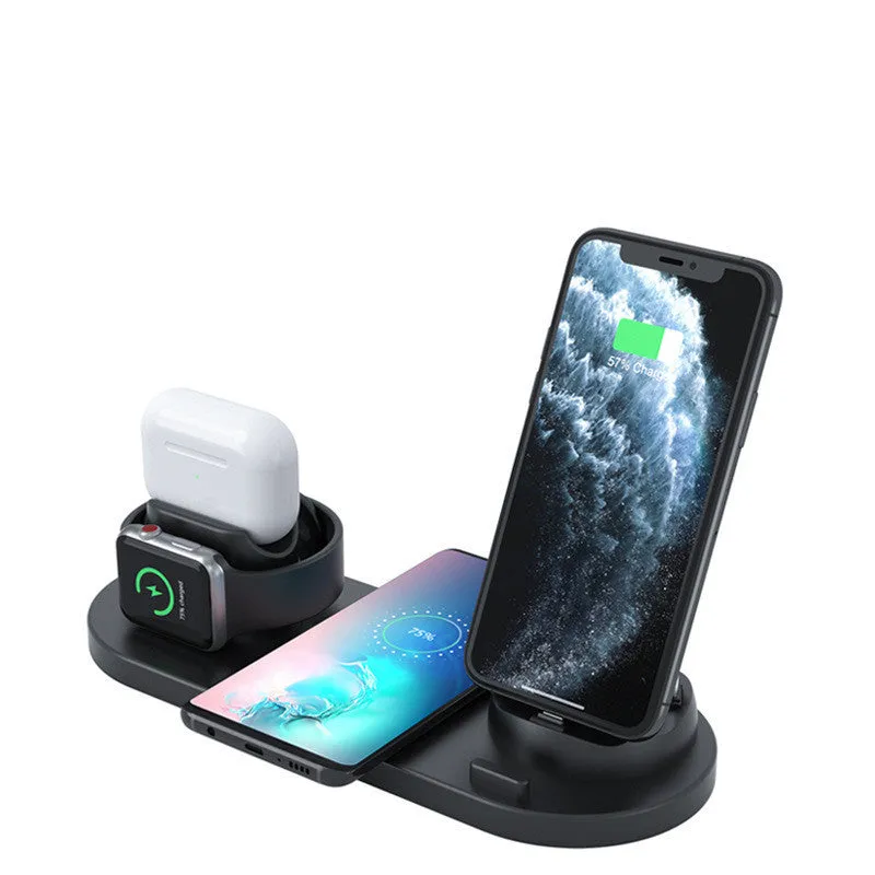 Black and white wireless charging station showing phone, AirPods and iWatch charging simultaneously