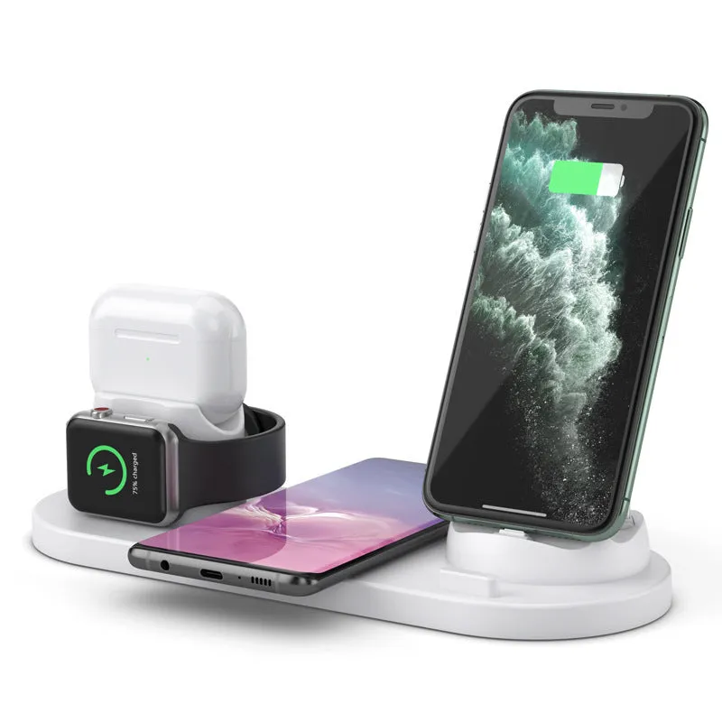 Black and white wireless charging station showing phone, AirPods and iWatch charging simultaneously
