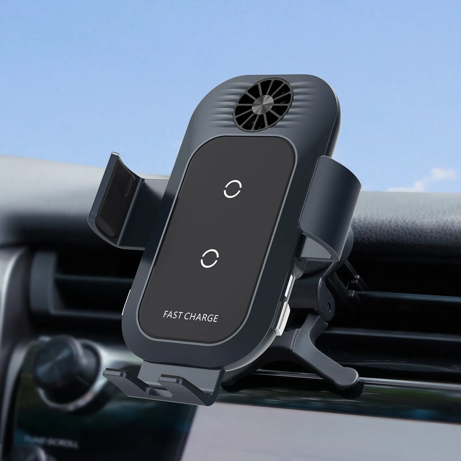 C35 colour car wireless phone charger holder mounted on an air vent, showing automatic clamping arms.