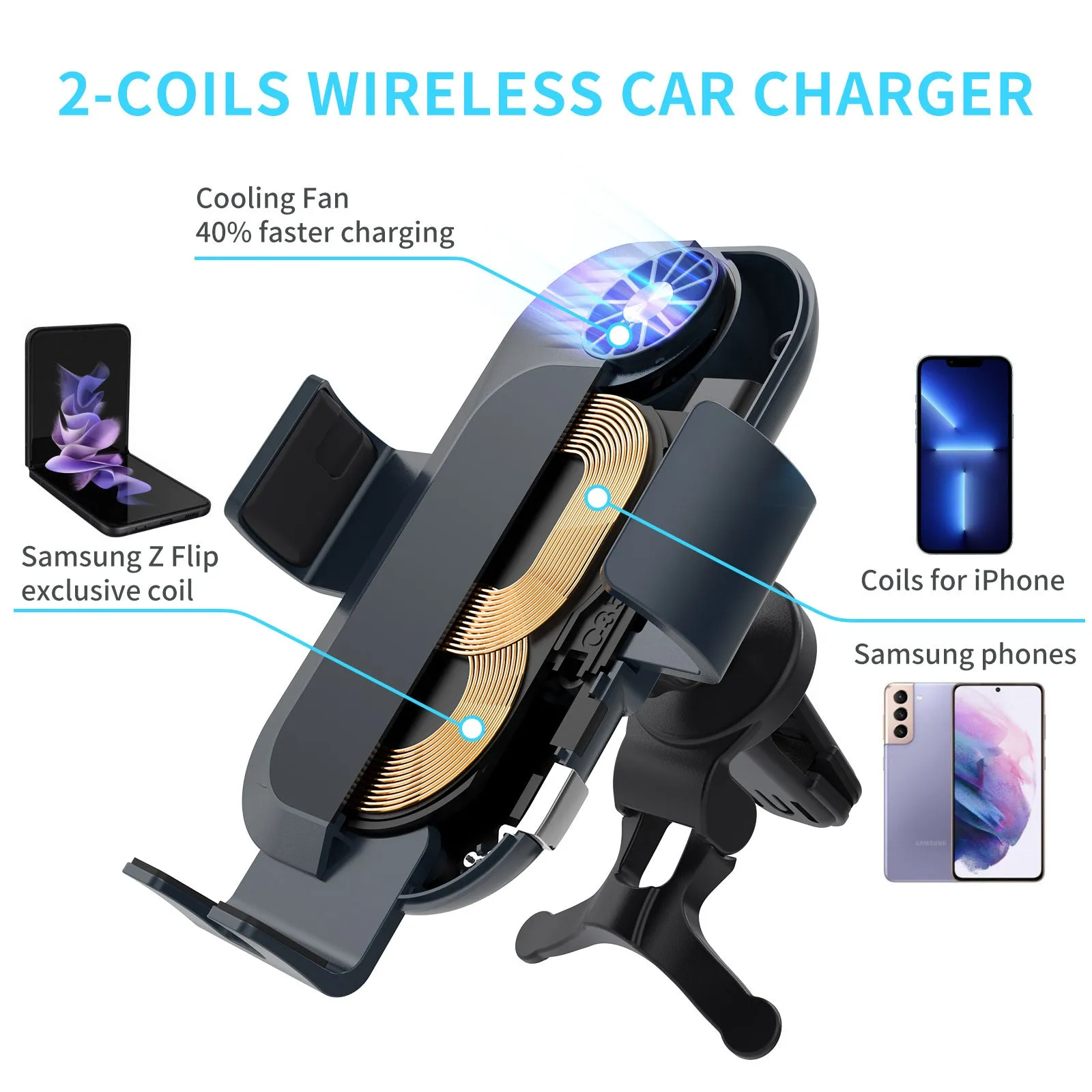 C35 colour car wireless phone charger holder mounted on an air vent, showing automatic clamping arms.