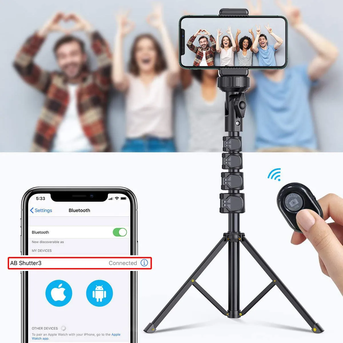 Black aluminium alloy selfie stick tripod compatible with iPhone in extended and collapsed positions