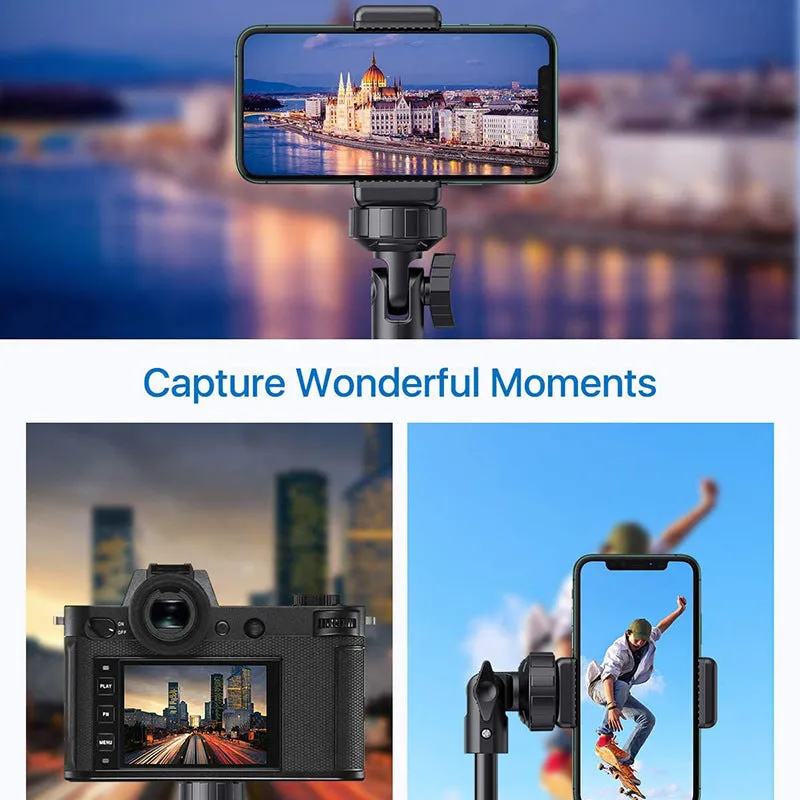 Black aluminium alloy selfie stick tripod compatible with iPhone in extended and collapsed positions