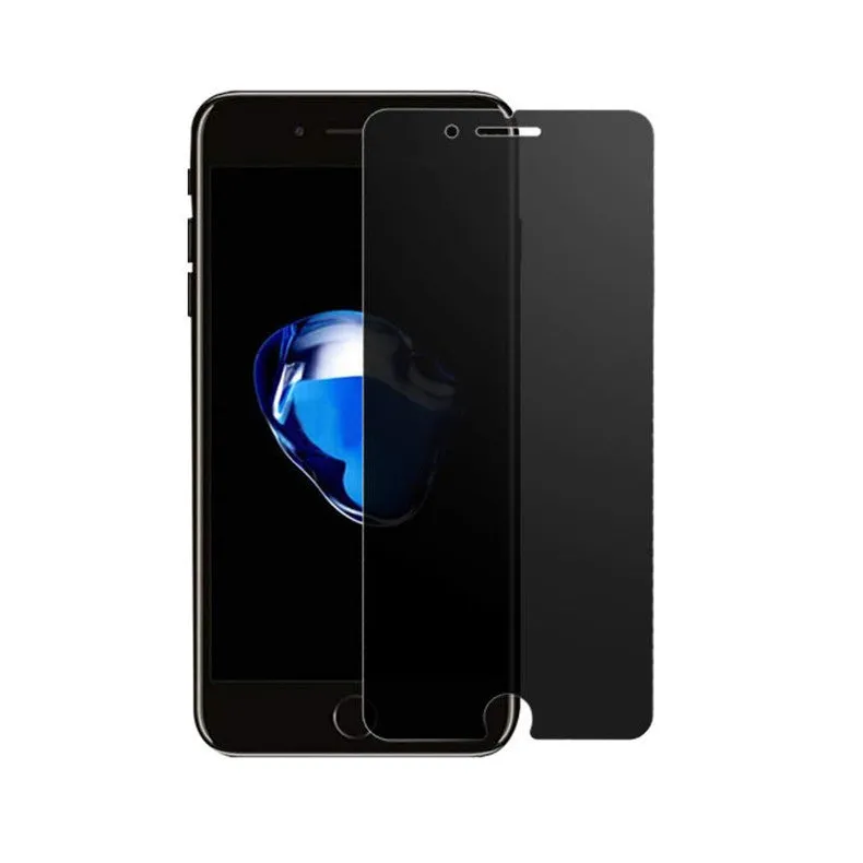 iPhone tempered glass privacy screen protector showing anti-peeping effect and model compatibility list