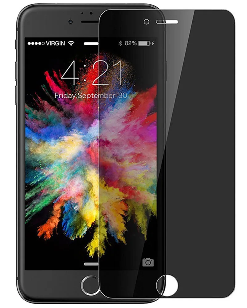 iPhone tempered glass privacy screen protector showing anti-peeping effect and model compatibility list