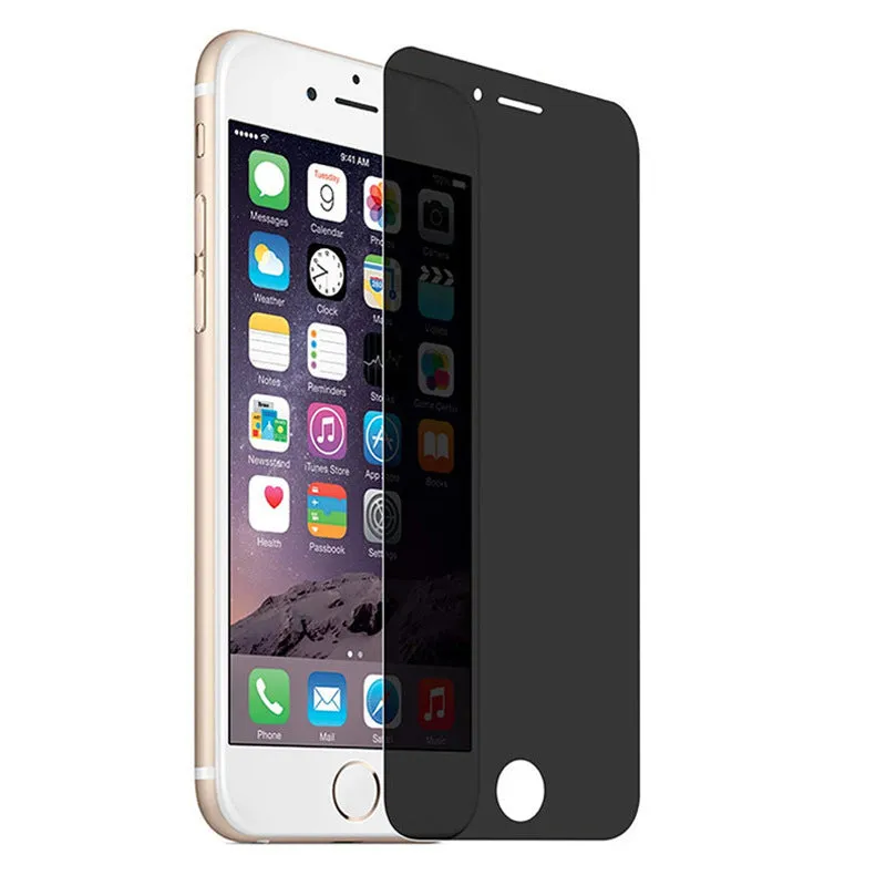 iPhone tempered glass privacy screen protector showing anti-peeping effect and model compatibility list