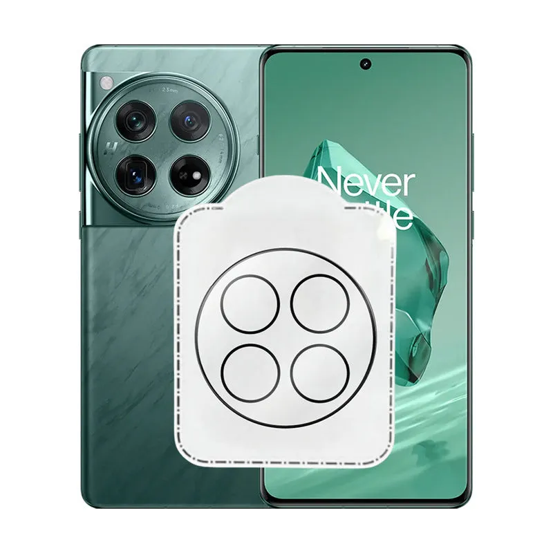 Large arc HD tempered glass lens protector with black alignment ring for OnePlus phones.