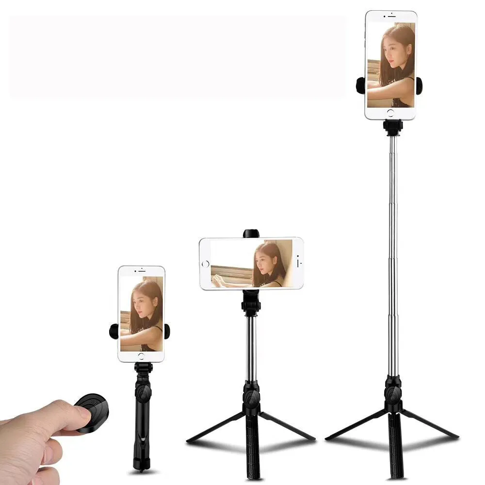 Bluetooth tripod selfie stick with remote control extended to 763mm length showing phone clip rotation
