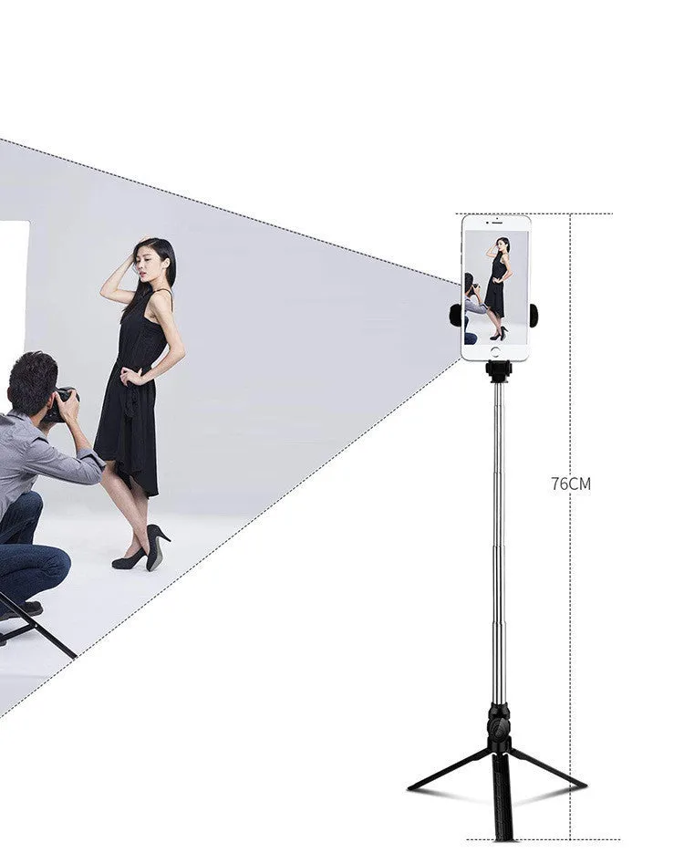 Bluetooth tripod selfie stick with remote control extended to 763mm length showing phone clip rotation