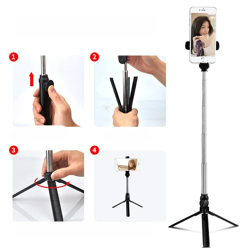 Bluetooth tripod selfie stick with remote control extended to 763mm length showing phone clip rotation