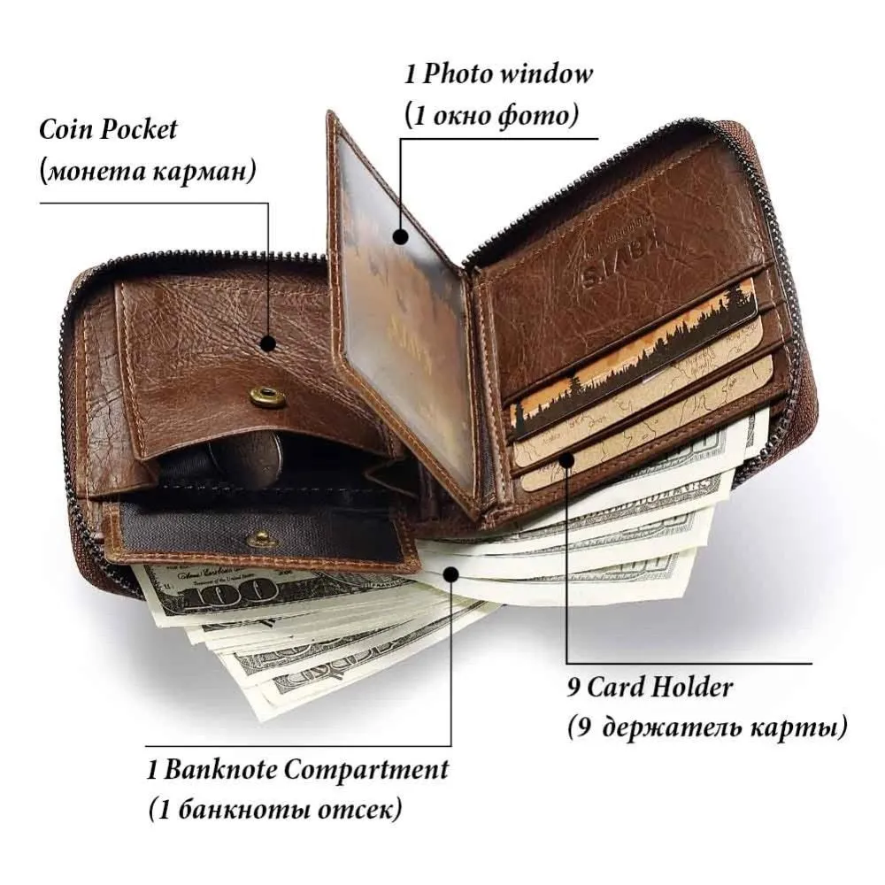 Men's brown genuine leather wallet with multiple compartments and zipper closure